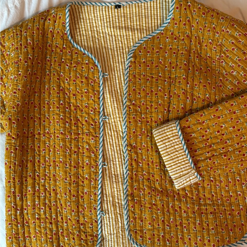 Floral Quilted Jacket with Blue Trim
